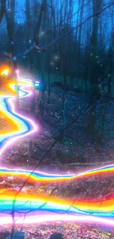 Vibrant forest with a glowing rainbow path at night.