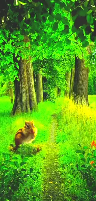 Vibrant forest wallpaper with a squirrel on a lush green path.