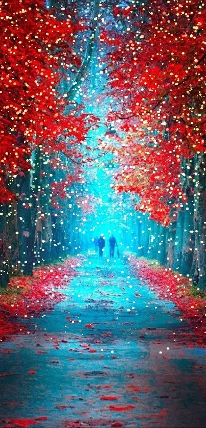 Vibrant red forest path with blue light and two figures walking.