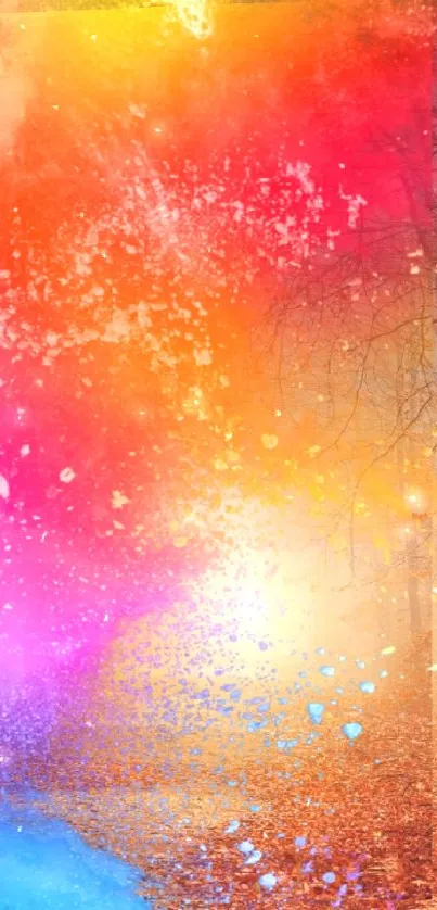 Vibrant forest with a colorful explosion mobile wallpaper.