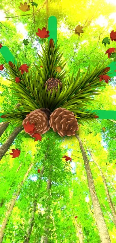 Lush green forest with pinecones on a sunny day wallpaper.