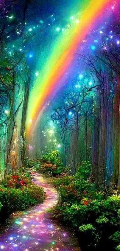 Colorful forest with glowing rainbow path and lights.