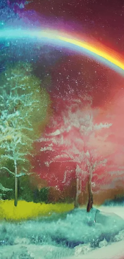 Colorful forest with a bright rainbow arching in the sky, creating a magical scene.