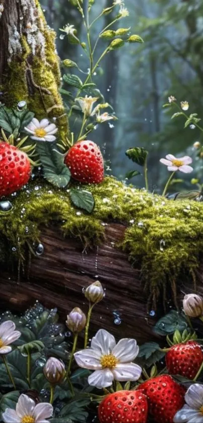 Fresh strawberries and flowers on mossy log in forest setting.