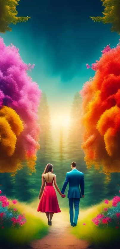 Couple walking through vibrant, colorful forest with surreal trees.