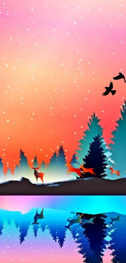 Vibrant sunset forest silhouette with deer and birds over a reflective lake.