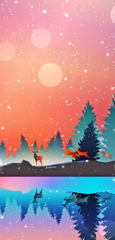 Scenic forest night with deer and stars in vibrant gradient hues.