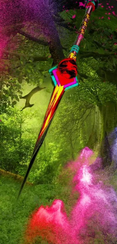 Colored sword in vibrant forest wallpaper with lush greenery.