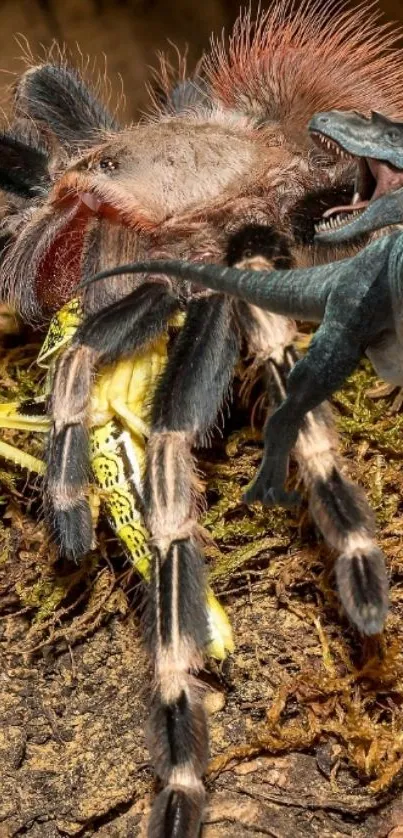 Close-up of a forest tarantula on earthy forest background.