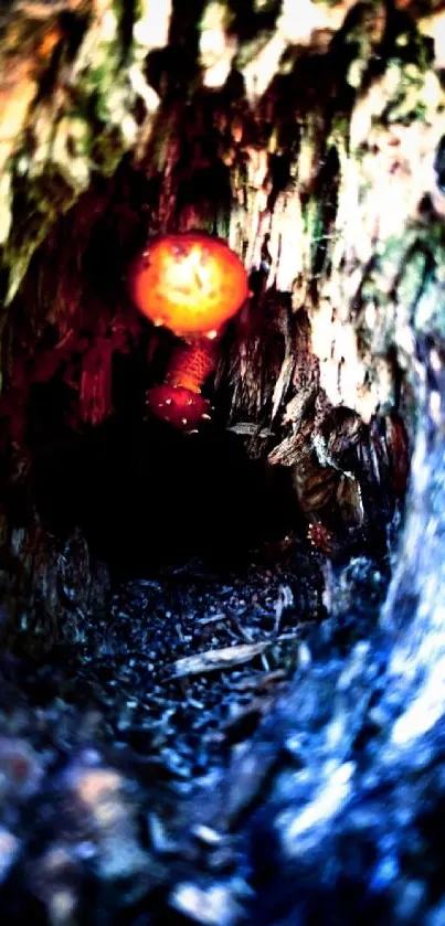 Vibrant forest tunnel with glowing mushrooms and deep colors.