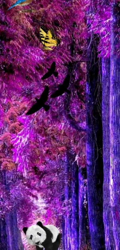 Purple forest with panda and butterflies wallpaper.