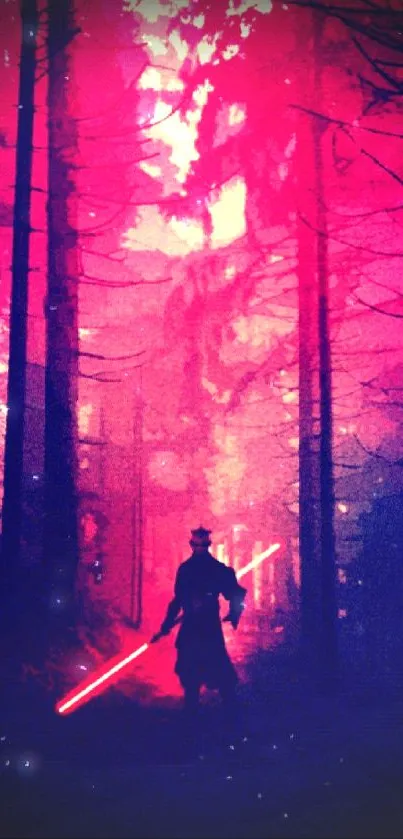 Neon forest scene with warrior silhouette holding glowing sword.