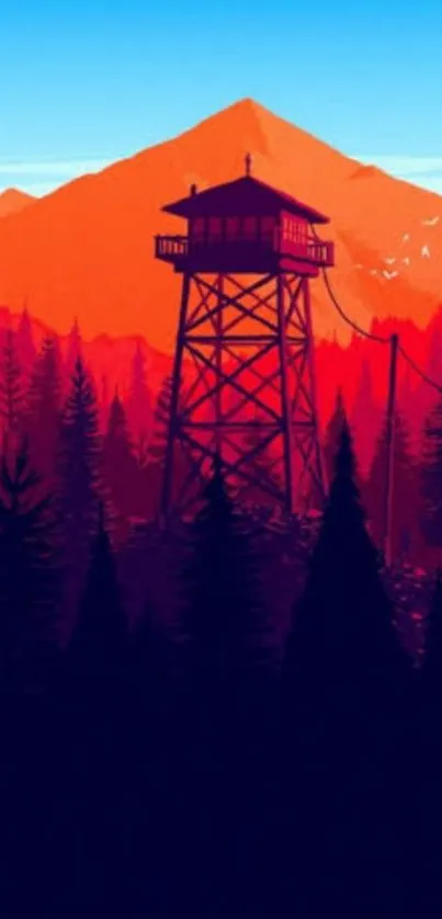 Illustrated vibrant forest watchtower at sunset with mountains.