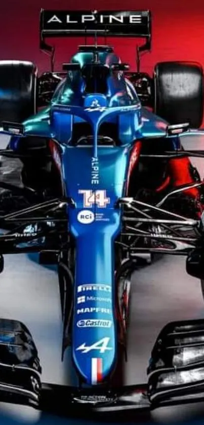 Blue Formula 1 car set against a vibrant backdrop.