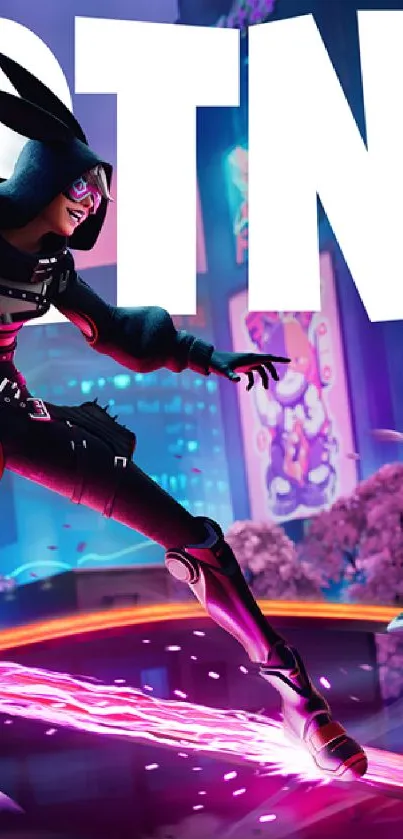 Dynamic Fortnite characters in vibrant cityscape on mobile wallpaper.