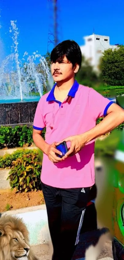 Man standing near fountain with lush greenery and lion.