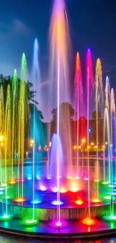 Colorful night fountain with vibrant water jets and lights.