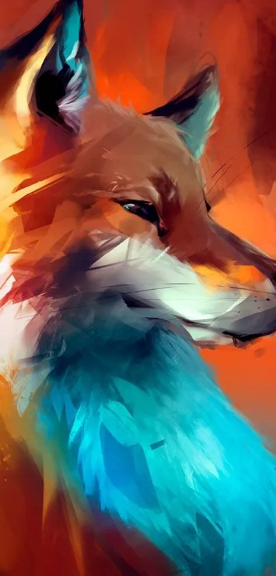 Abstract fox with fiery orange and blue hues.