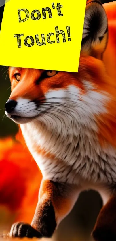 Fox with 'Don't Touch!' sign in vibrant orange hues.