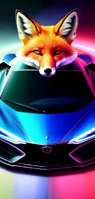 Illustrated sports car with a fox head in vibrant colors.