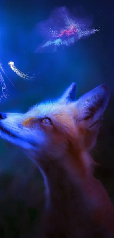 Fox gazing at glowing blue jellyfish in a captivating art scene.