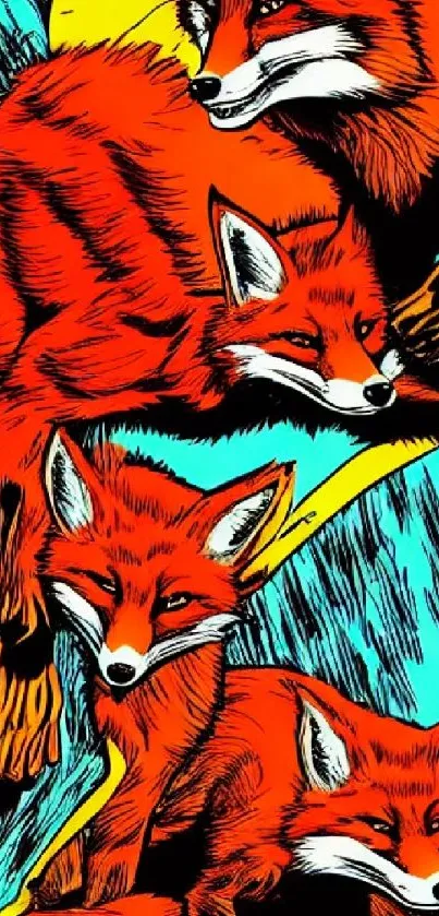 Vibrant red foxes in artistic mobile wallpaper with turquoise background.