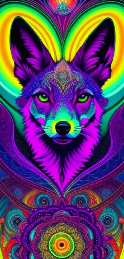 Vibrant psychedelic fox with neon colors in abstract design.