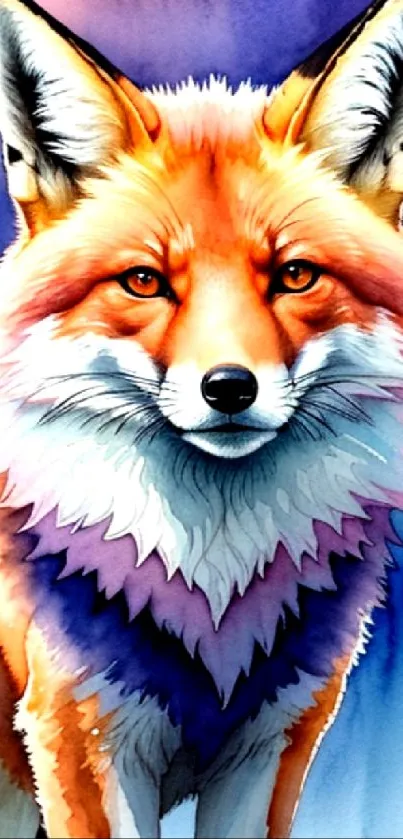 Vibrant orange and purple fox art on phone wallpaper.