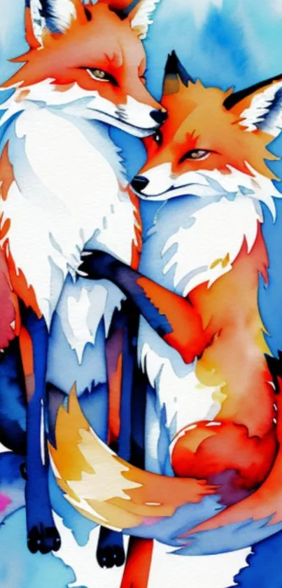 Vibrant watercolor art of two foxes on a mobile wallpaper.