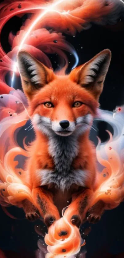 Vibrant orange fox in artistic digital wallpaper.