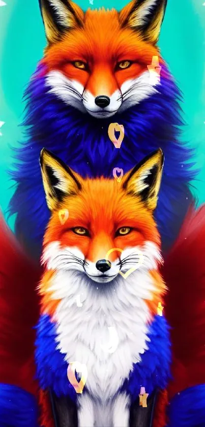 Vibrant and colorful fox duo on teal background.