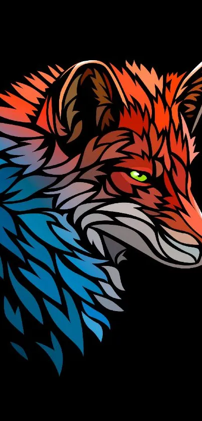 Colorful abstract fox art on black background.