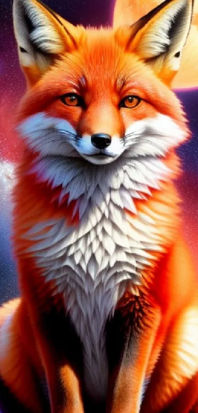 Vibrantly colorful fox in a cosmic, space-themed mobile wallpaper.