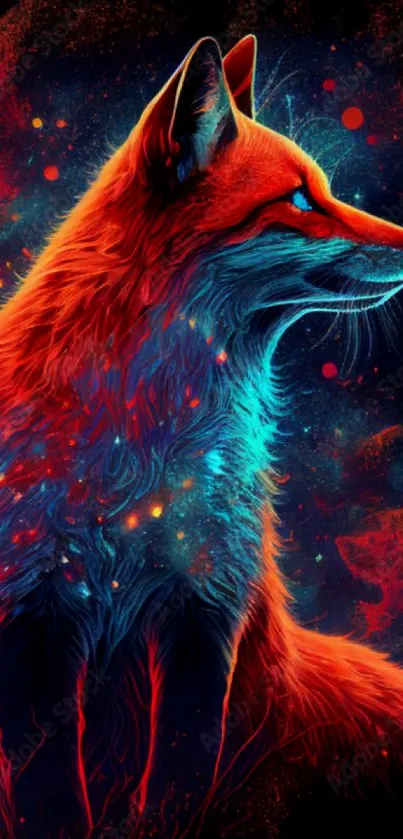 Vibrant neon fox digital art wallpaper with red and blue hues.