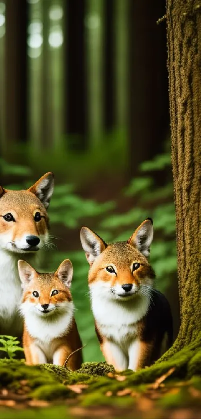 Fox family in a lush green forest mobile wallpaper.