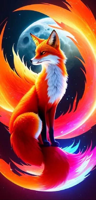 Vibrant orange fox with fiery tails and moon background.