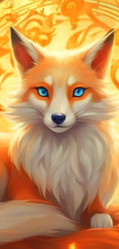 Fantasy artwork of a fox with blue eyes against an orange backdrop.