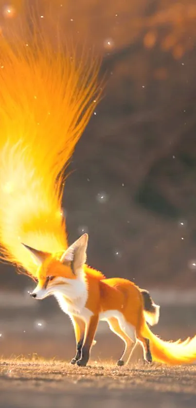 Fantasy fox with fiery tail and dreamy background.