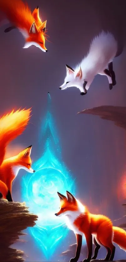 Fantasy foxes surround a glowing blue orb in a mystical scene.