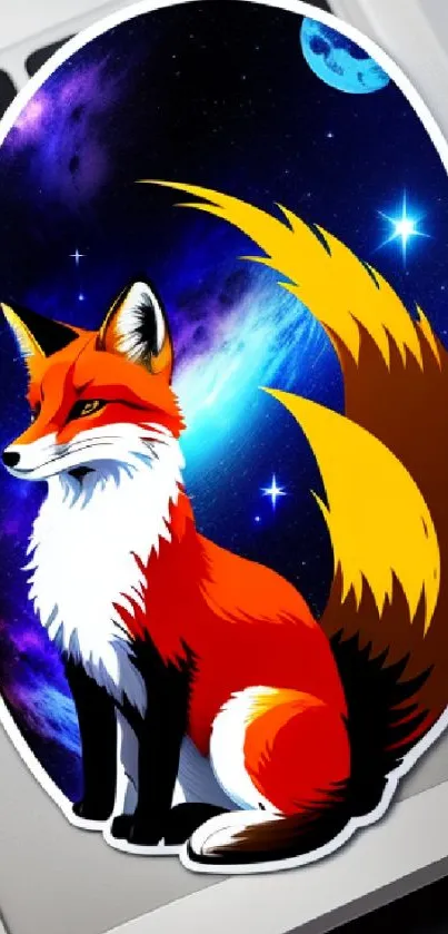 Vibrant fox sticker on laptop against galaxy background.