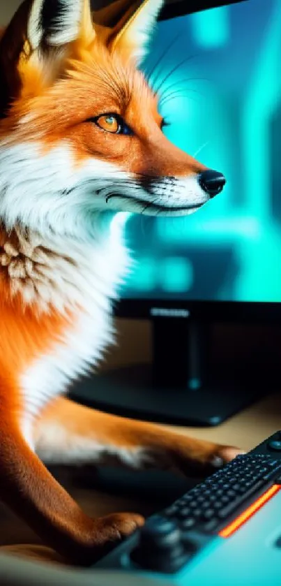 Vibrant orange fox at gaming station, stunning digital wallpaper.