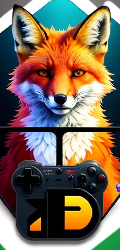 Vibrant fox with gaming controller on geometric background.