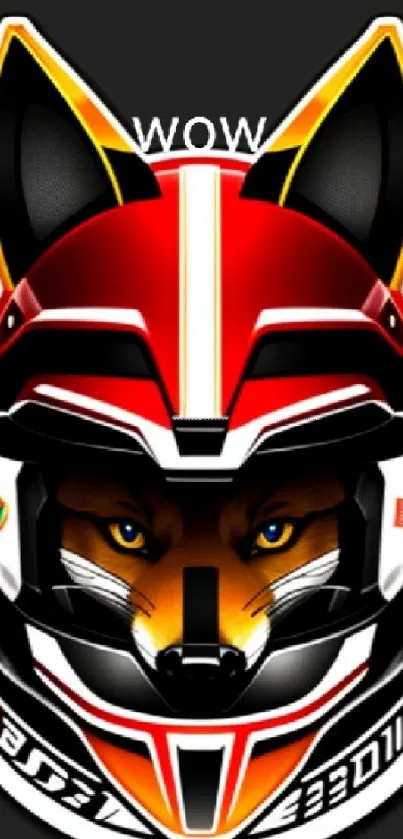 Mobile wallpaper with a vibrant fox in a detailed racing helmet on a dark background.