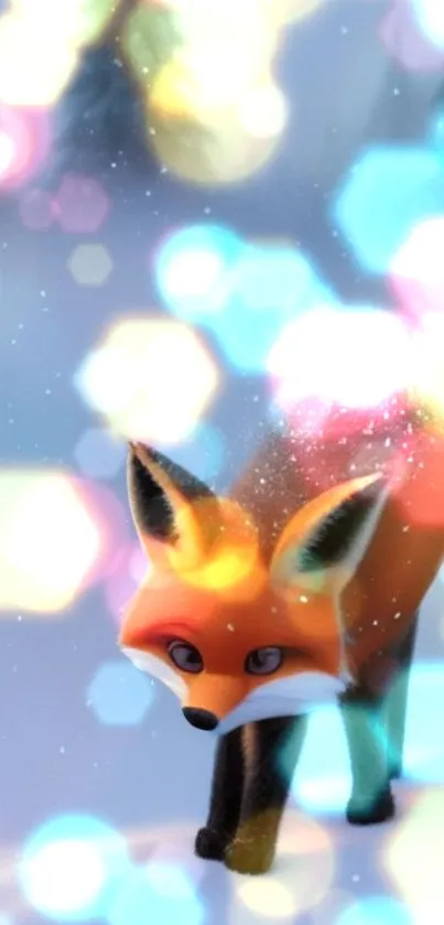 Vibrant fox walking through enchanting bokeh lights.