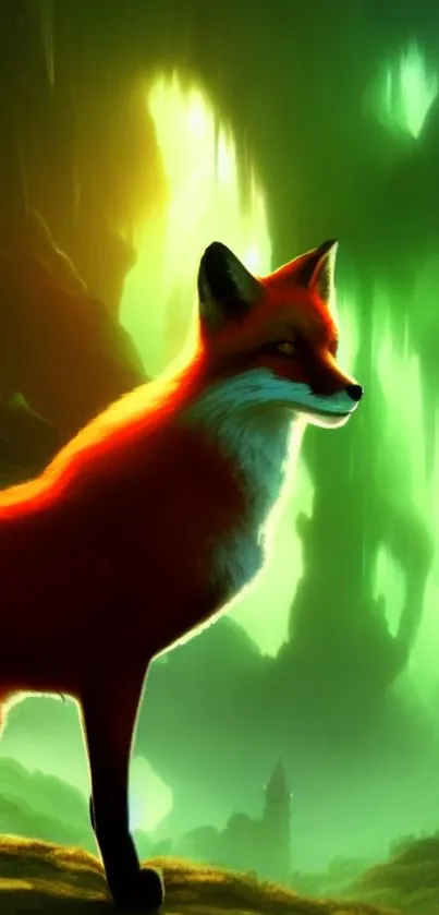 Vibrant fox glowing in an enchanted green forest.