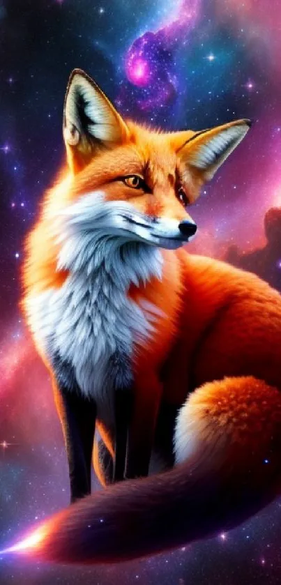 Vibrant fox in a cosmic galaxy background for mobile wallpaper.