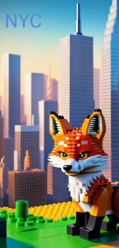 Vibrant Lego fox in NYC cityscape with skyscrapers.