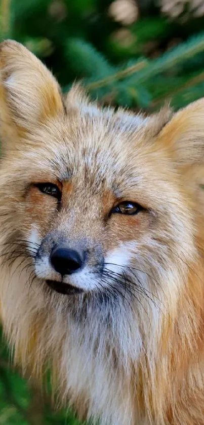 Curious fox in a lush green forest setting.