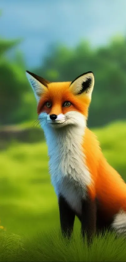 Orange fox sitting in a vibrant green meadow with forest background.