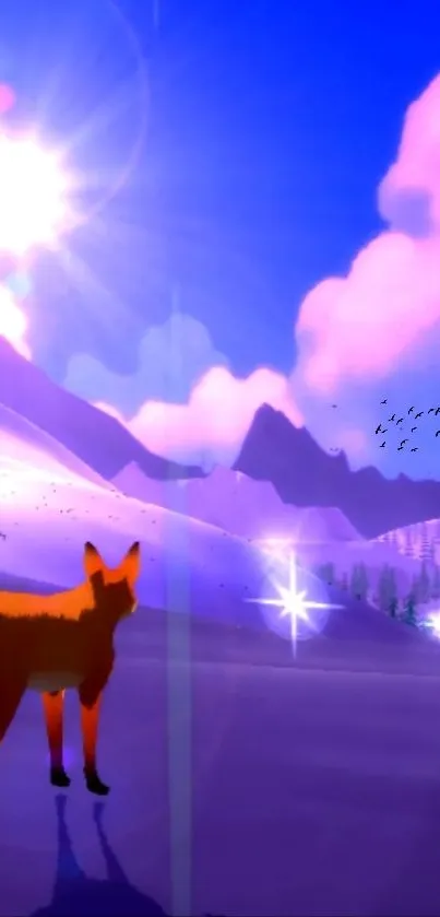 Vibrant fox stands in a mystical purple mountain landscape under a bright sun.